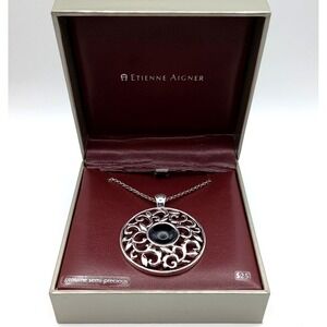Etienne Aigner Silver-Tone Filigree Round Semi-Precious Pendant Necklace w/ Box‎